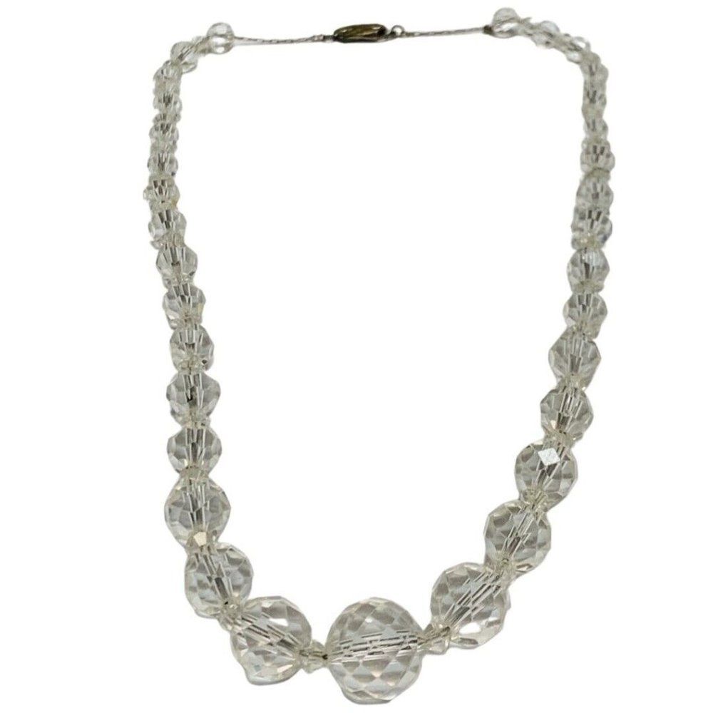 Vintage Crystal Glass Faceted Graduated Beaded Silver Tone Women’s Necklace 18”